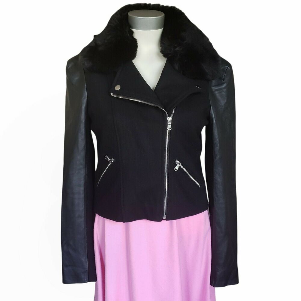 GENERATION LOVE Collins faux fur leather sleeve black moto jacket Size XS NEW